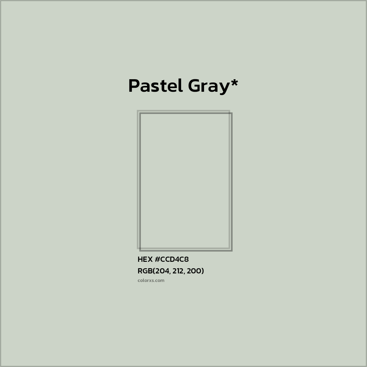 #CCD4C8 hex color. RGB, RYB, CMYK, HSL, HSV codes and color conversions. Matching color names, palettes, paints.