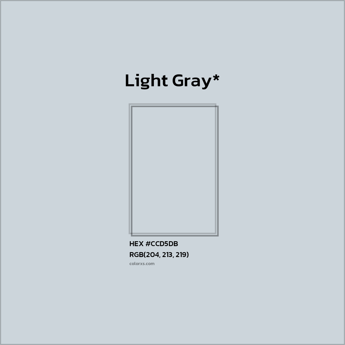 #CCD5DB hex color. RGB, RYB, CMYK, HSL, HSV codes and color conversions. Matching color names, palettes, paints.