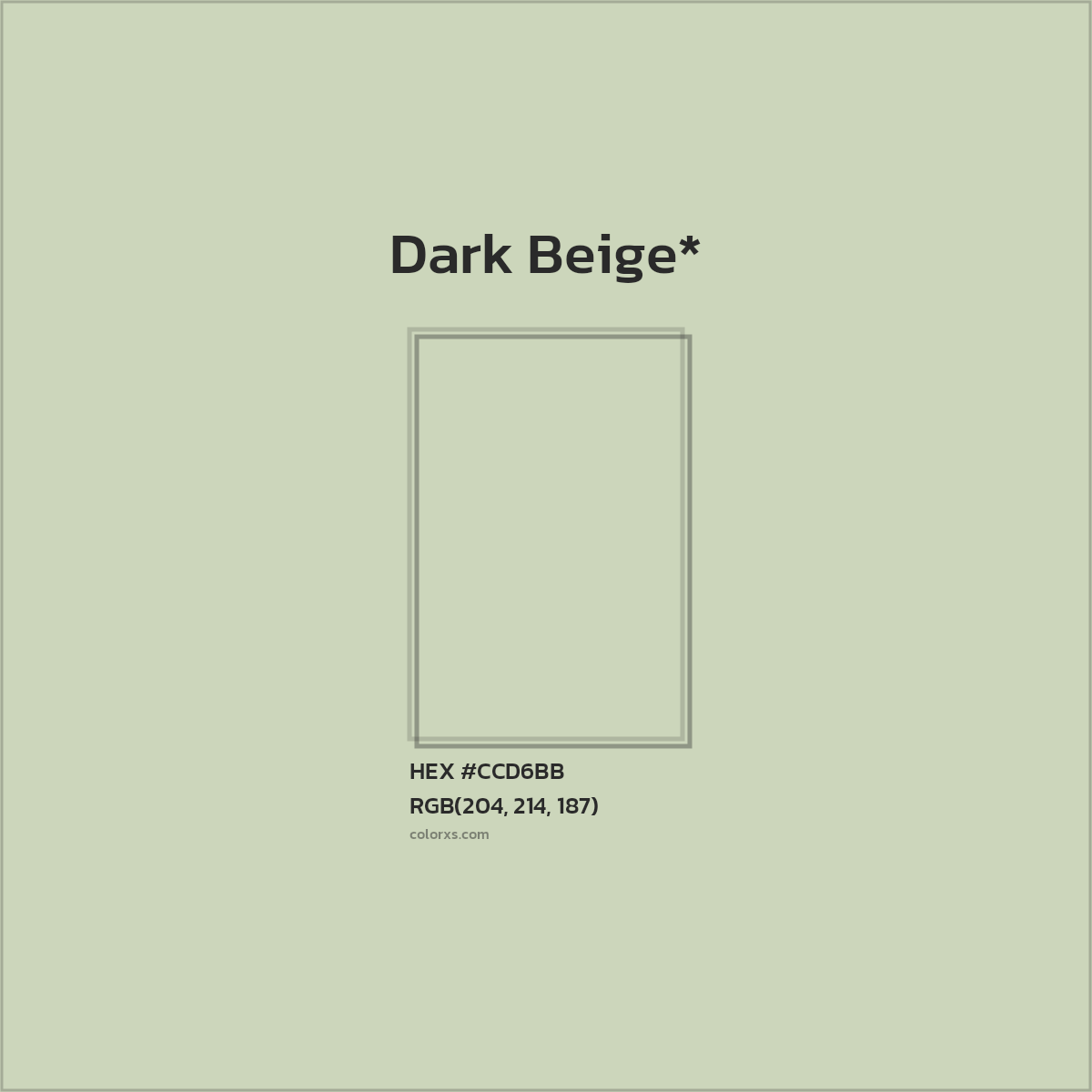 #CCD6BB hex color. RGB, RYB, CMYK, HSL, HSV codes and color conversions. Matching color names, palettes, paints.