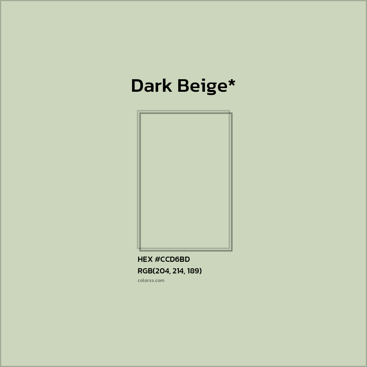 #CCD6BD hex color. RGB, RYB, CMYK, HSL, HSV codes and color conversions. Matching color names, palettes, paints.