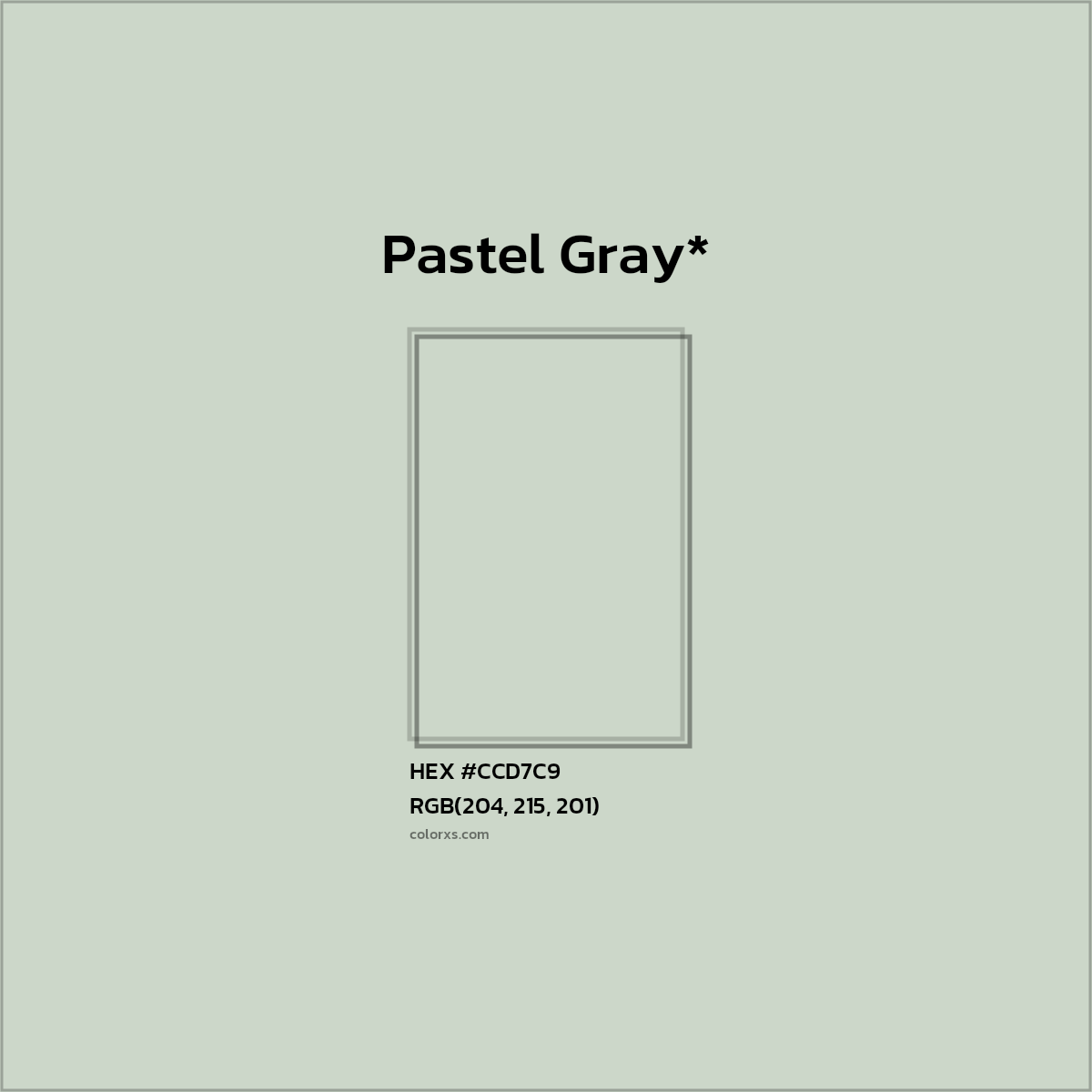 #CCD7C9 hex color. RGB, RYB, CMYK, HSL, HSV codes and color conversions. Matching color names, palettes, paints.