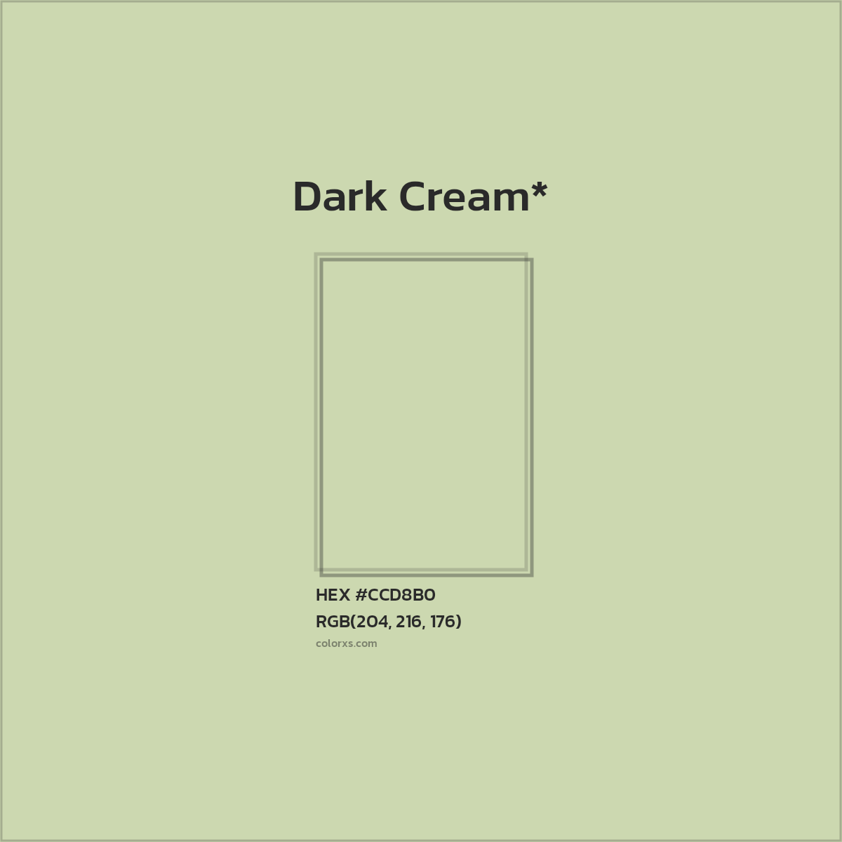 #CCD8B0 hex color. RGB, RYB, CMYK, HSL, HSV codes and color conversions. Matching color names, palettes, paints.