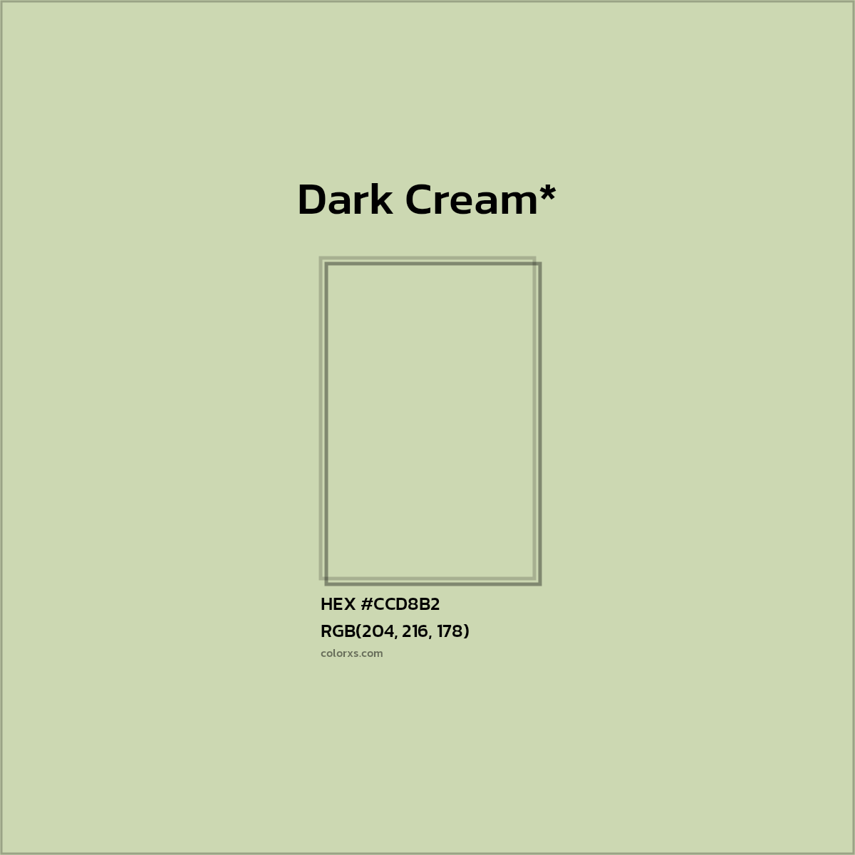 #CCD8B2 hex color. RGB, RYB, CMYK, HSL, HSV codes and color conversions. Matching color names, palettes, paints.