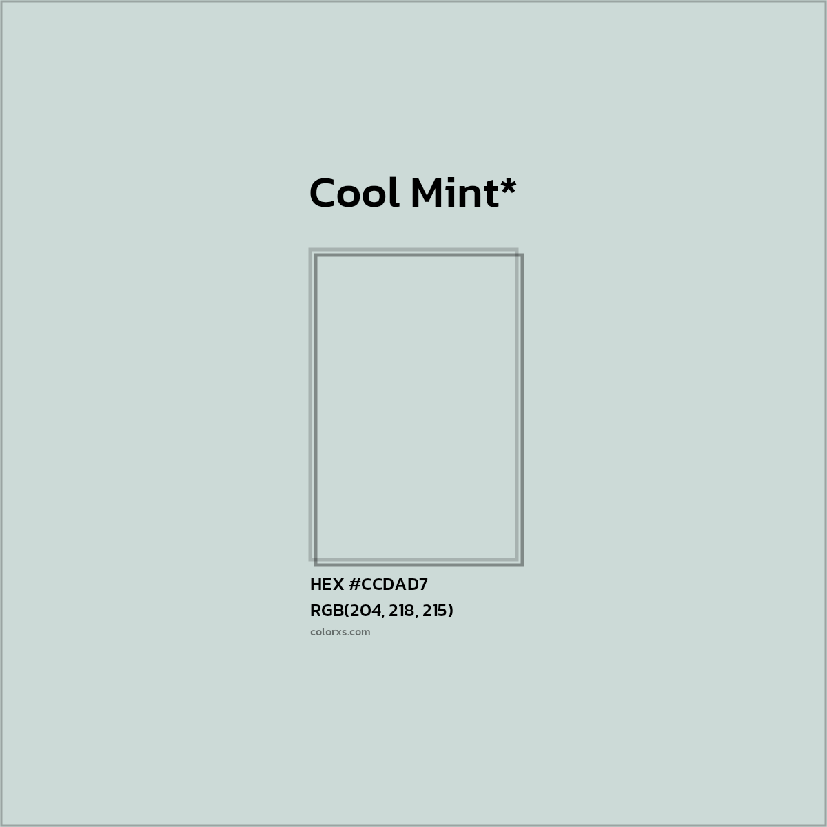 #CCDAD7 hex color. RGB, RYB, CMYK, HSL, HSV codes and color conversions. Matching color names, palettes, paints.