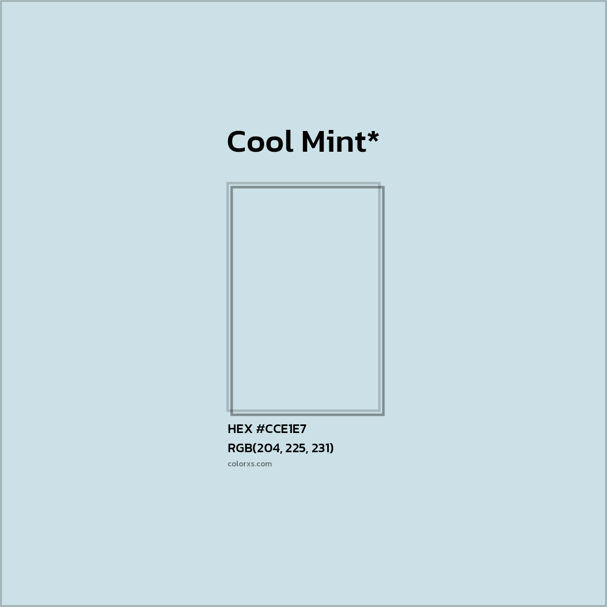 #CCE1E7 hex color. RGB, RYB, CMYK, HSL, HSV codes and color conversions. Matching color names, palettes, paints.