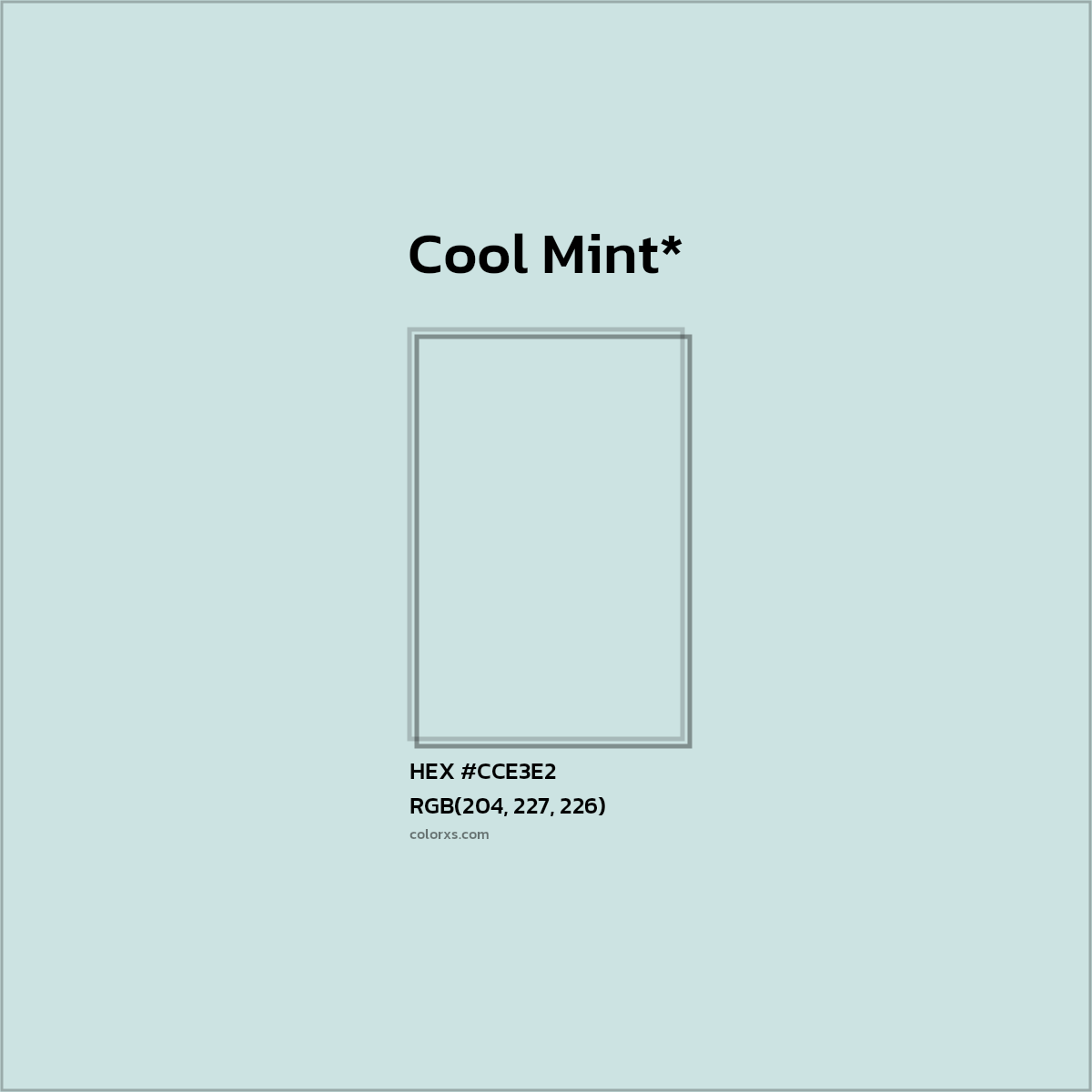 #CCE3E2 hex color. RGB, RYB, CMYK, HSL, HSV codes and color conversions. Matching color names, palettes, paints.