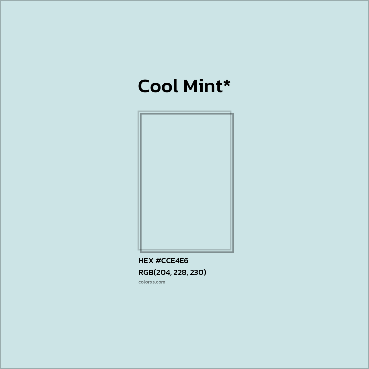 #CCE4E6 hex color. RGB, RYB, CMYK, HSL, HSV codes and color conversions. Matching color names, palettes, paints.