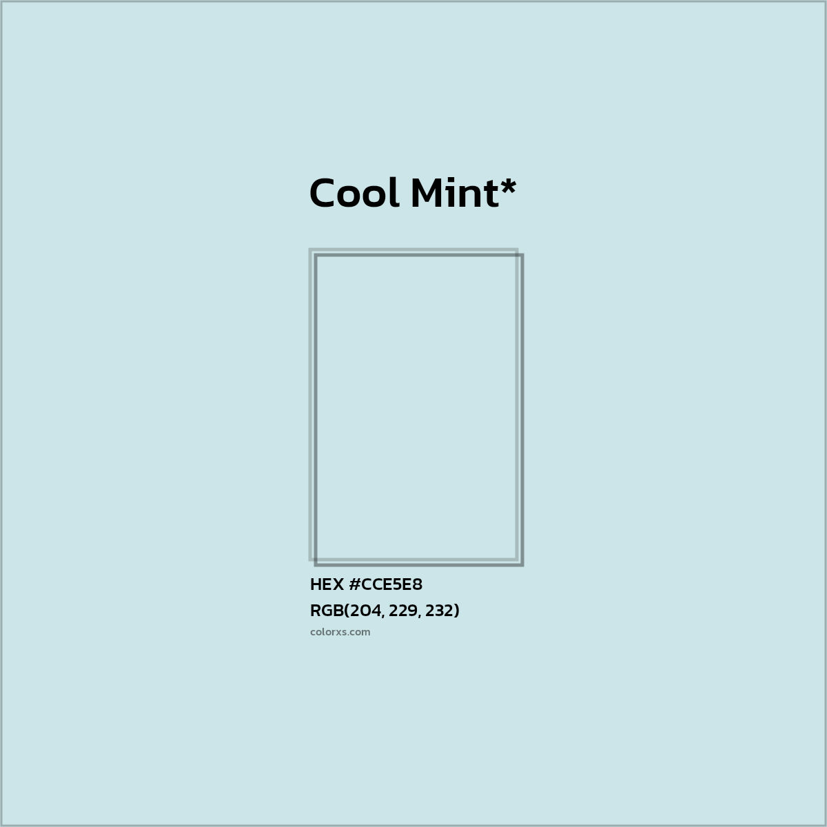 #CCE5E8 hex color. RGB, RYB, CMYK, HSL, HSV codes and color conversions. Matching color names, palettes, paints.