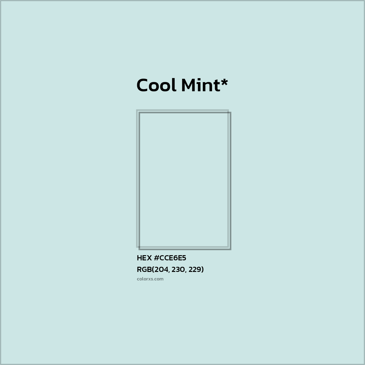 #CCE6E5 hex color. RGB, RYB, CMYK, HSL, HSV codes and color conversions. Matching color names, palettes, paints.