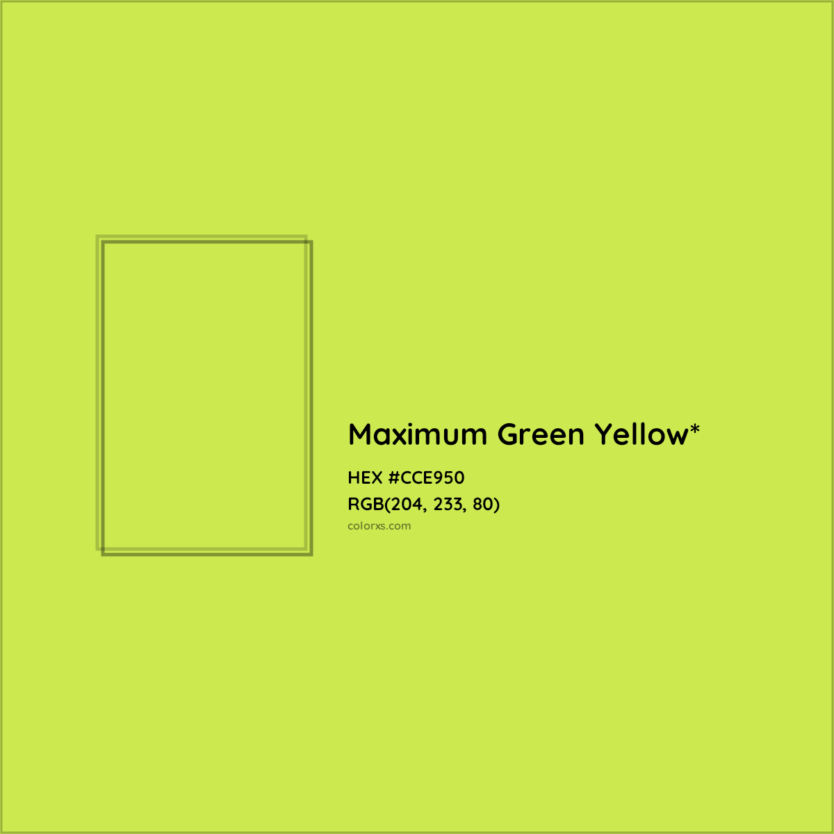 #CCE950 hex color. RGB, RYB, CMYK, HSL, HSV codes and color conversions. Matching color names, palettes, paints.