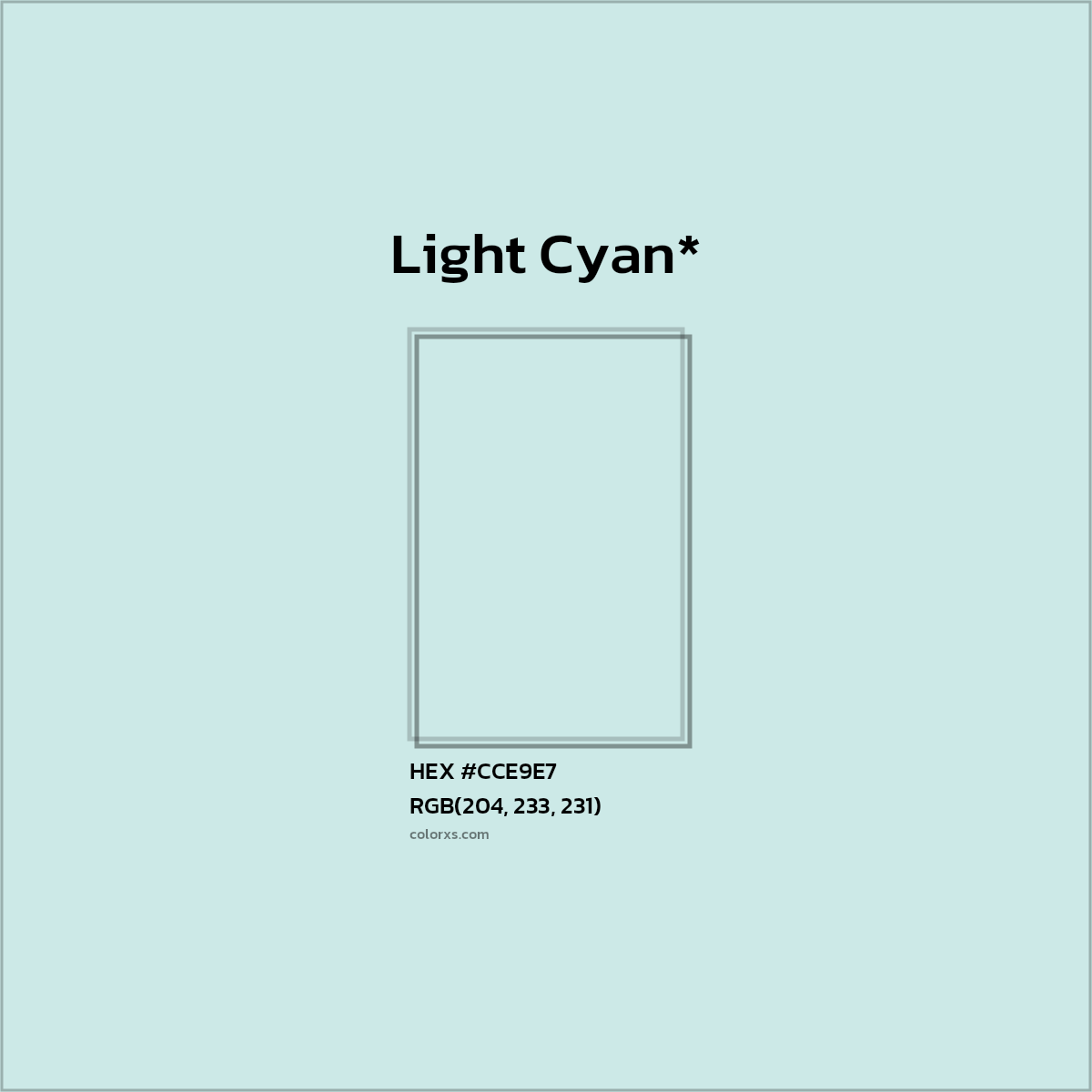 #CCE9E7 hex color. RGB, RYB, CMYK, HSL, HSV codes and color conversions. Matching color names, palettes, paints.