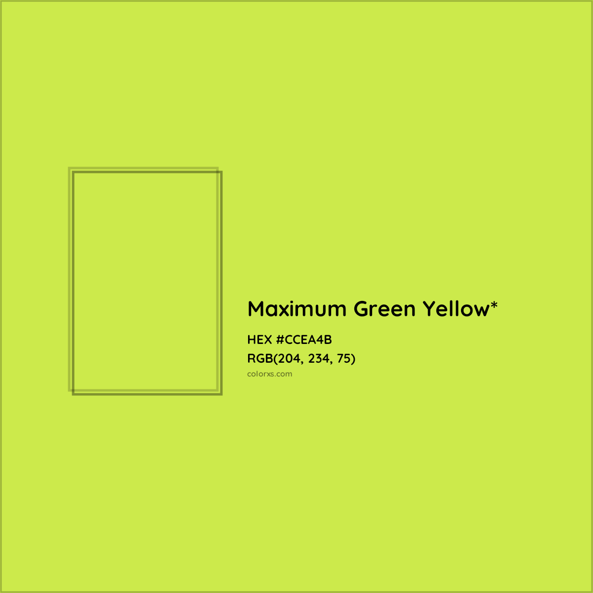 #CCEA4B hex color. RGB, RYB, CMYK, HSL, HSV codes and color conversions. Matching color names, palettes, paints.