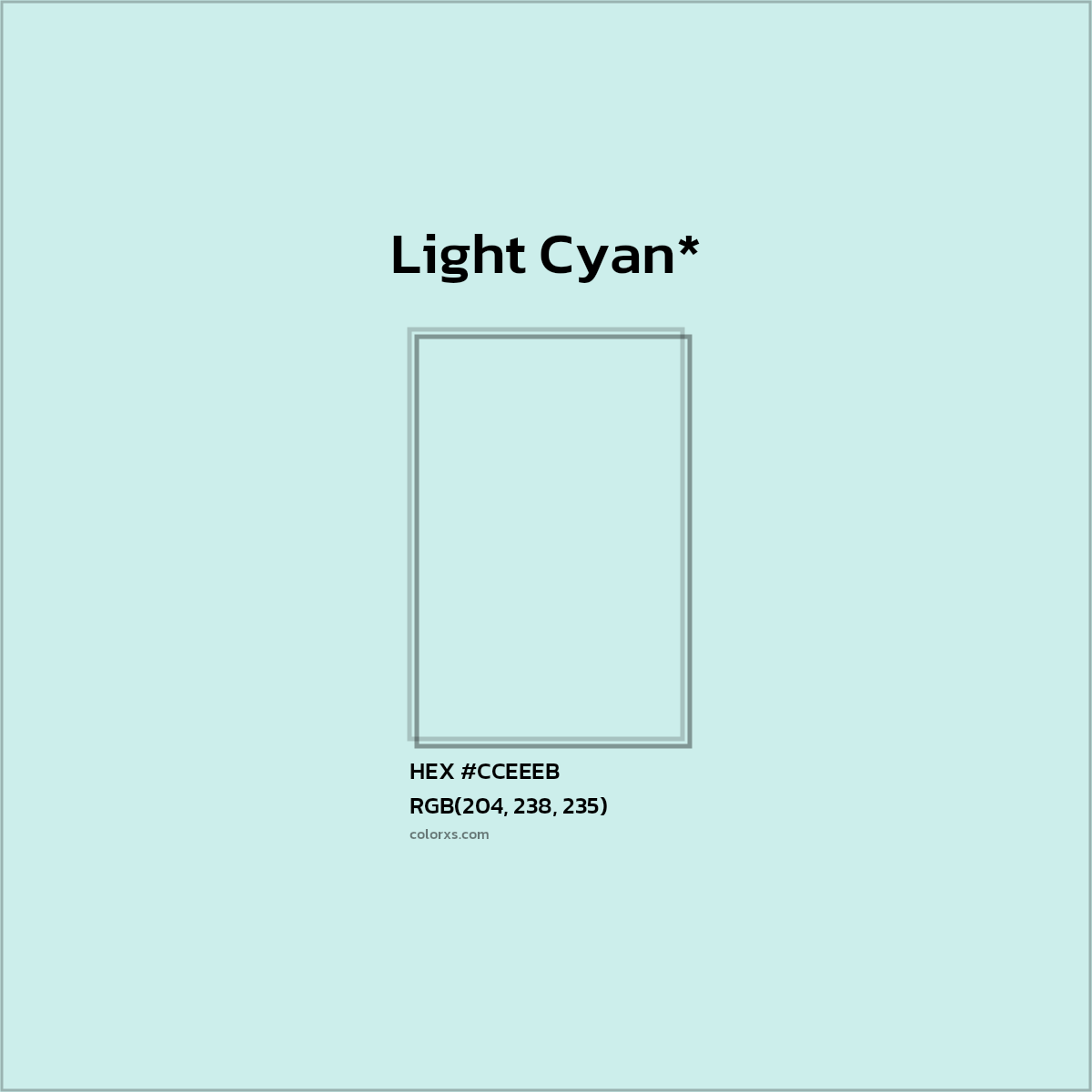 #CCEEEB hex color. RGB, RYB, CMYK, HSL, HSV codes and color conversions. Matching color names, palettes, paints.
