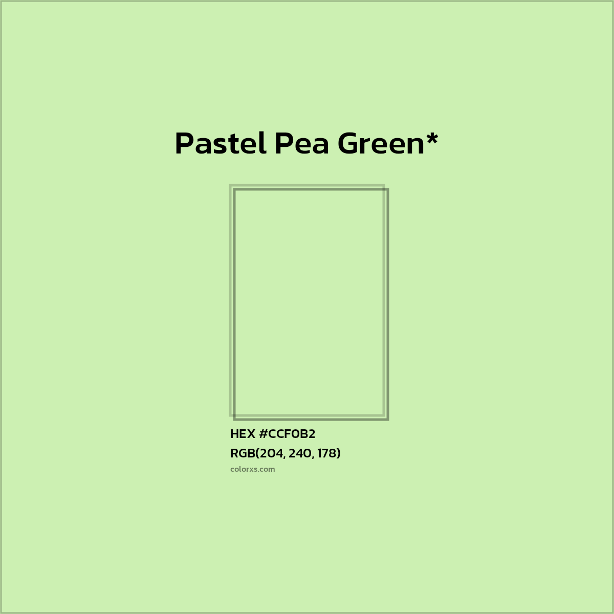 #CCF0B2 hex color. RGB, RYB, CMYK, HSL, HSV codes and color conversions. Matching color names, palettes, paints.