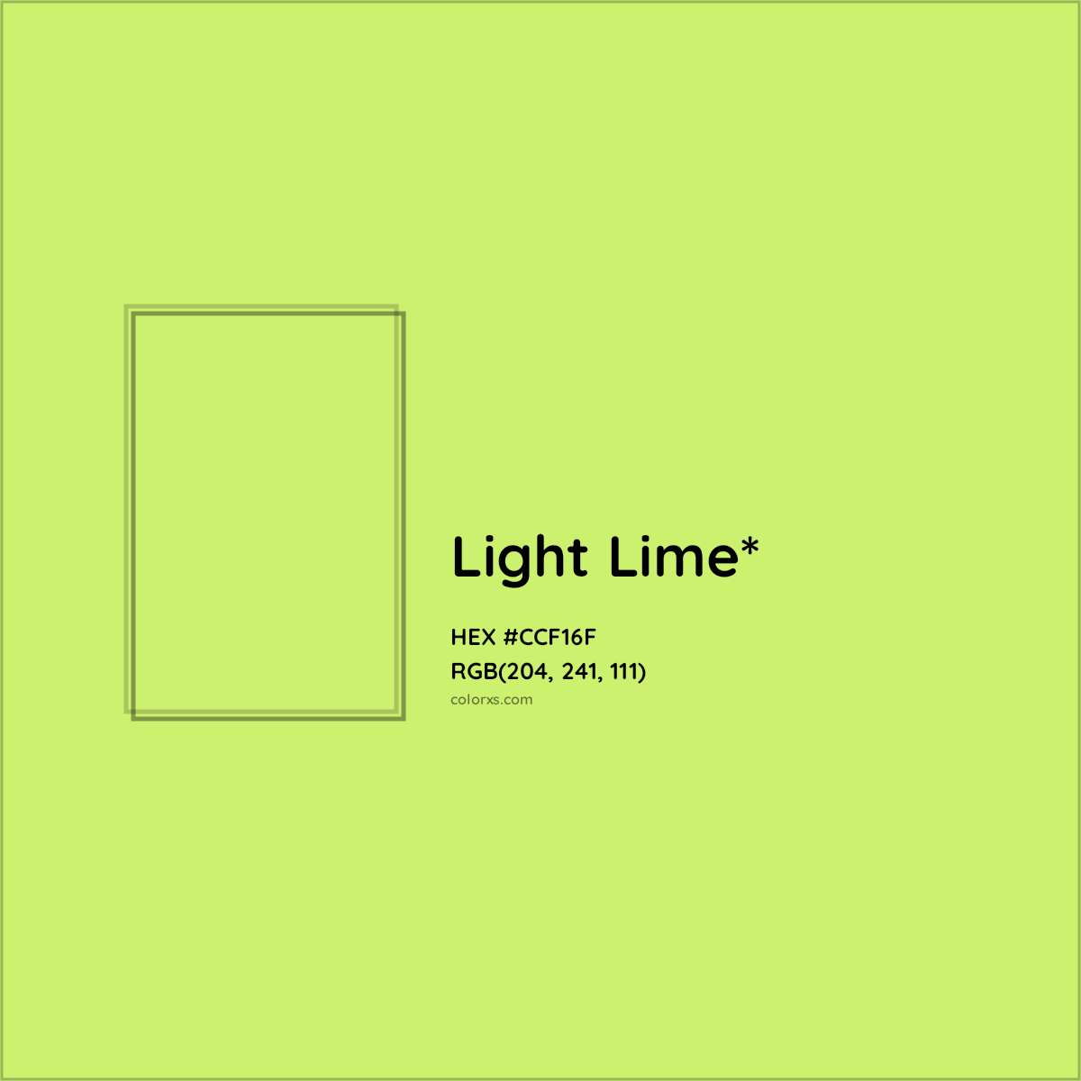 #CCF16F hex color. RGB, RYB, CMYK, HSL, HSV codes and color conversions. Matching color names, palettes, paints.