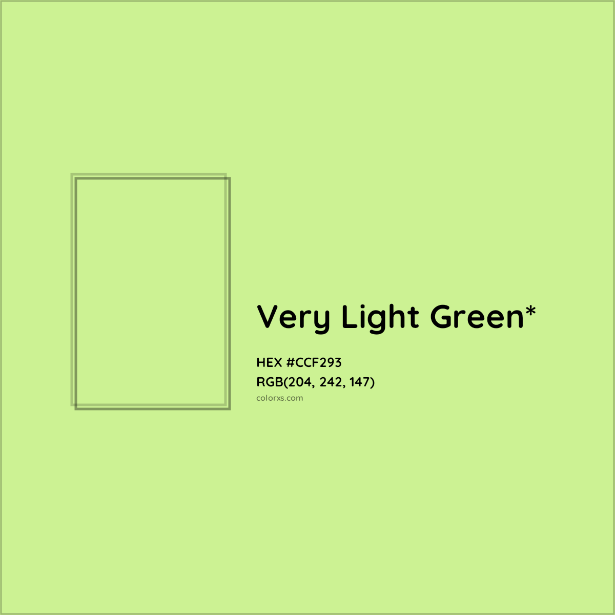#CCF293 hex color. RGB, RYB, CMYK, HSL, HSV codes and color conversions. Matching color names, palettes, paints.