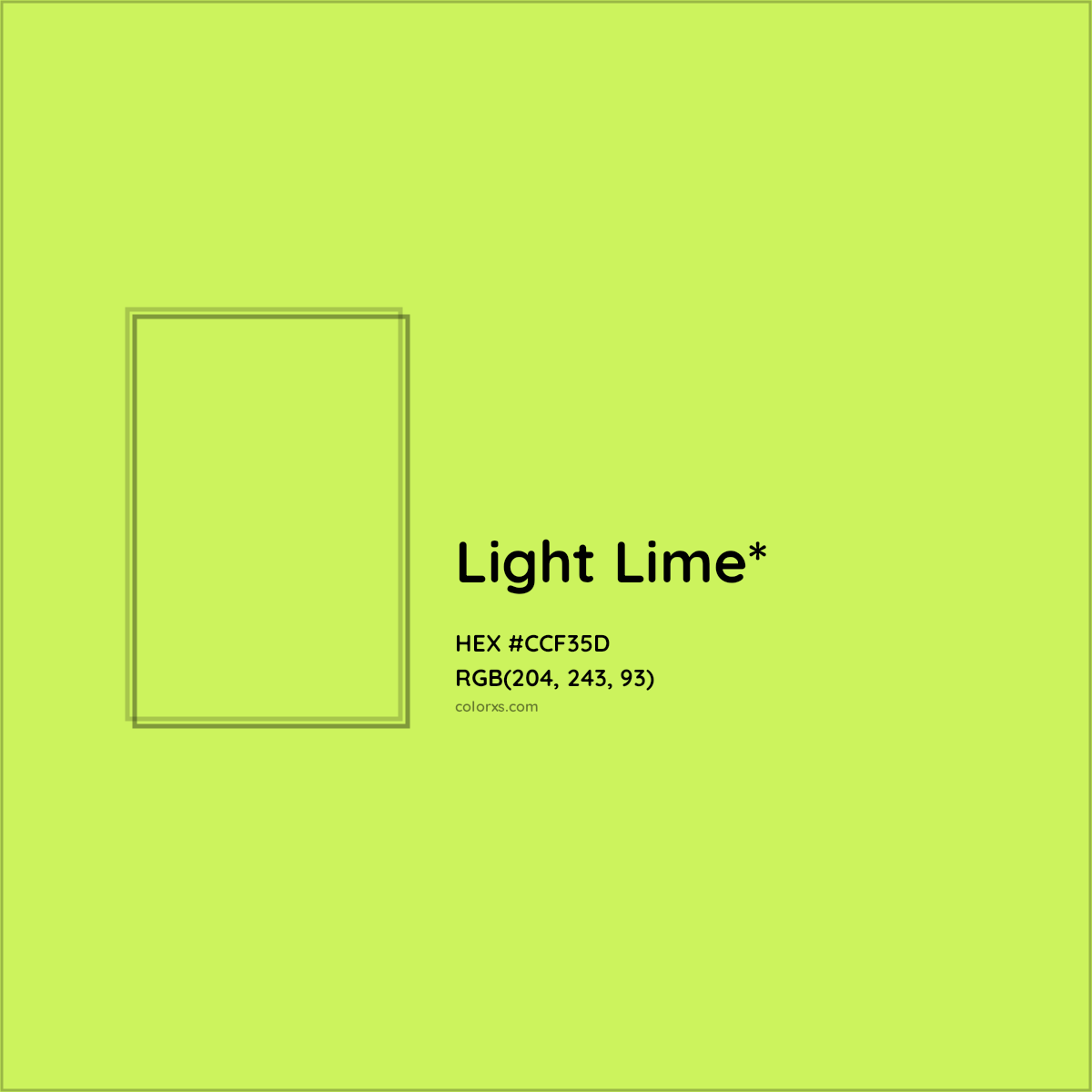 #CCF35D hex color. RGB, RYB, CMYK, HSL, HSV codes and color conversions. Matching color names, palettes, paints.