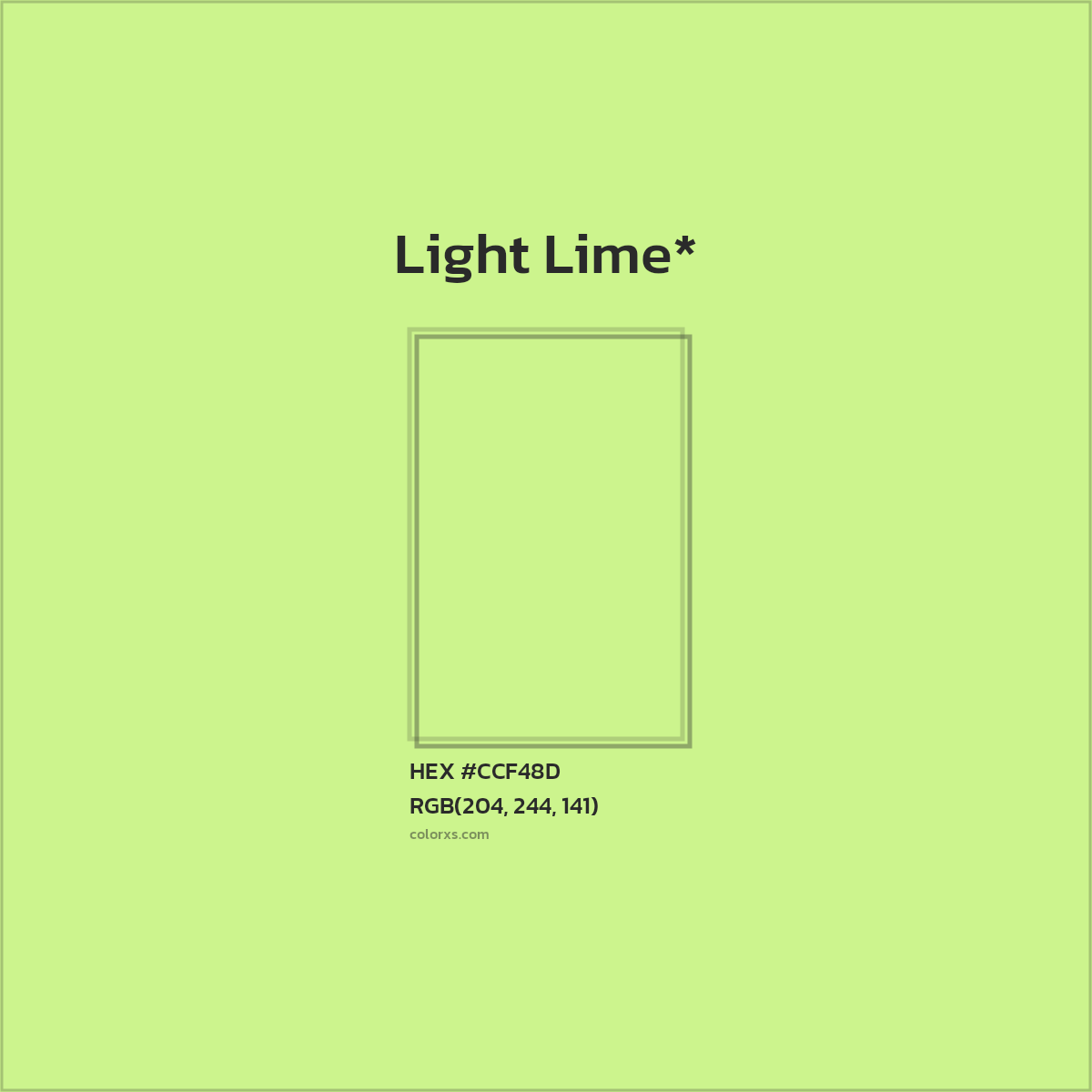 #CCF48D hex color. RGB, RYB, CMYK, HSL, HSV codes and color conversions. Matching color names, palettes, paints.