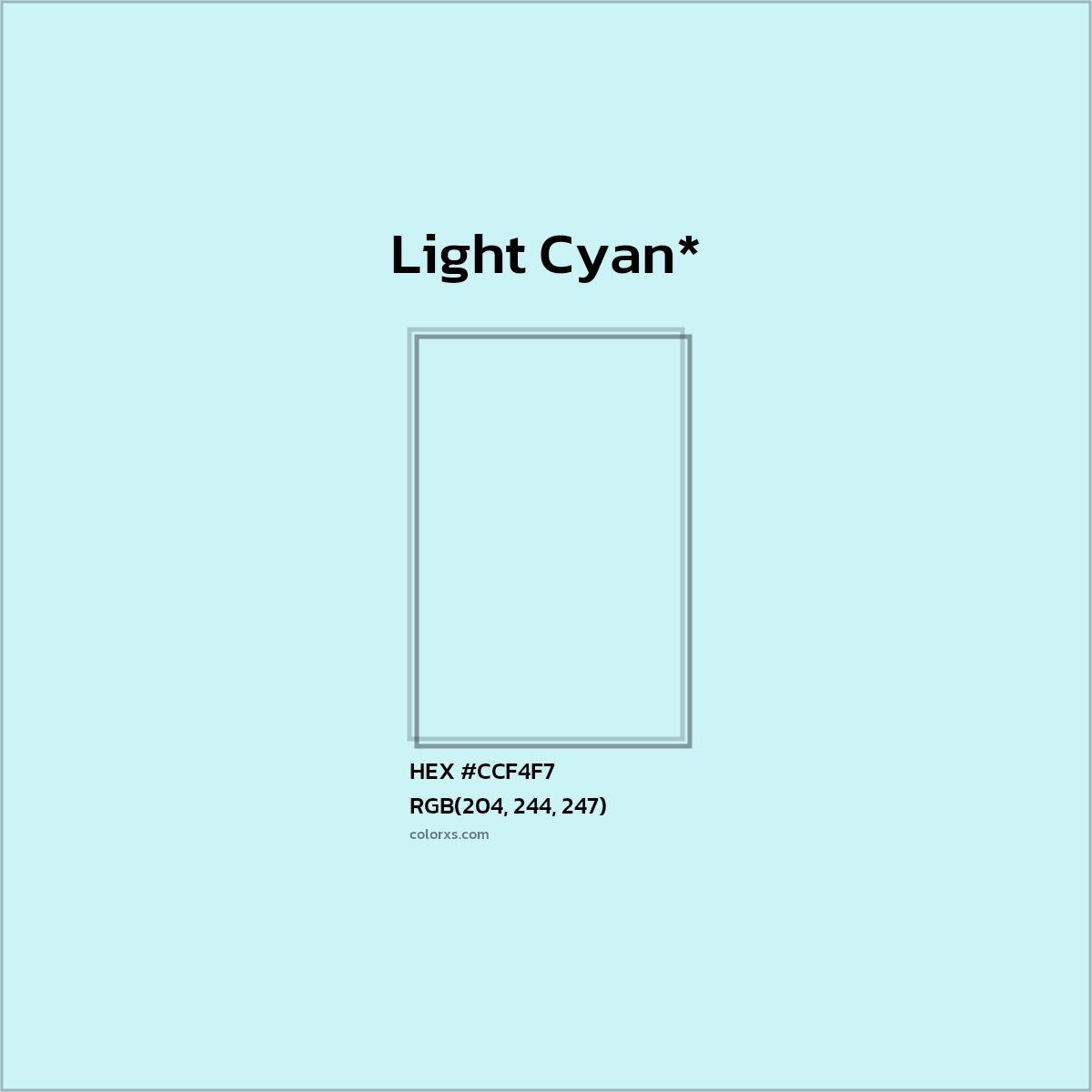 #CCF4F7 hex color. RGB, RYB, CMYK, HSL, HSV codes and color conversions. Matching color names, palettes, paints.