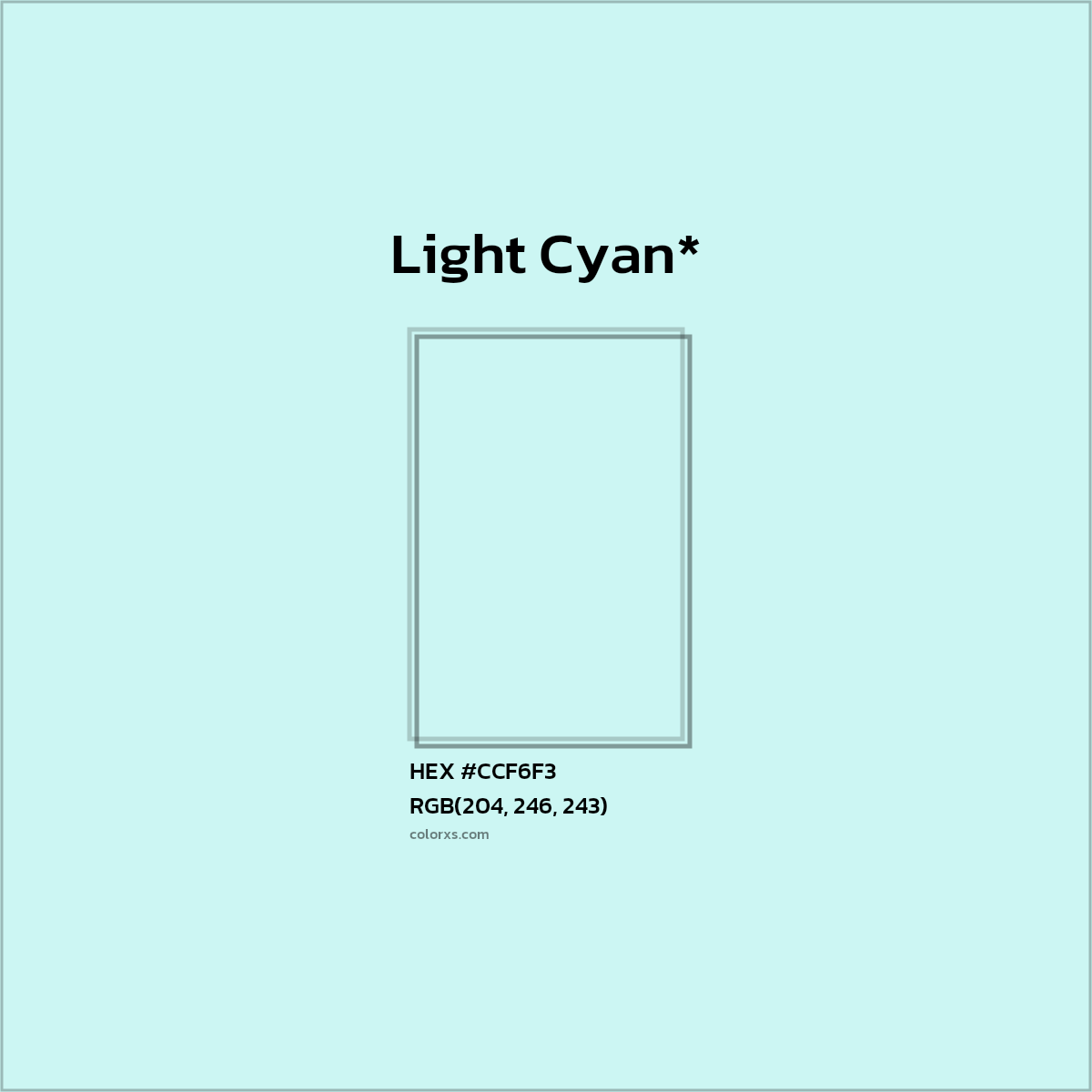#CCF6F3 hex color. RGB, RYB, CMYK, HSL, HSV codes and color conversions. Matching color names, palettes, paints.