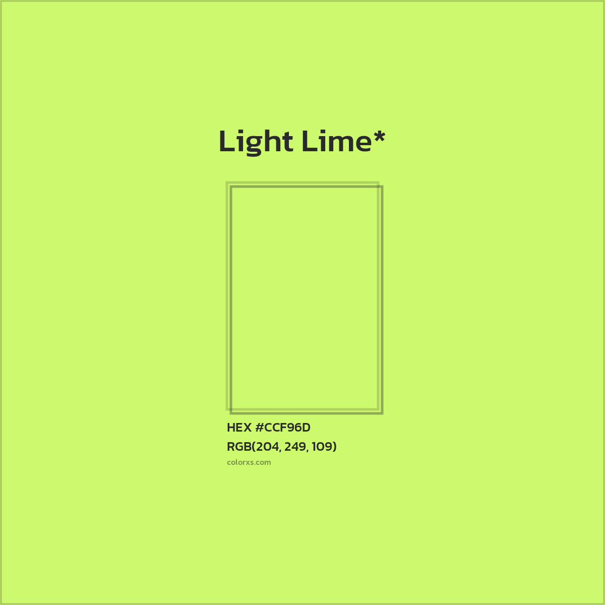 #CCF96D hex color. RGB, RYB, CMYK, HSL, HSV codes and color conversions. Matching color names, palettes, paints.