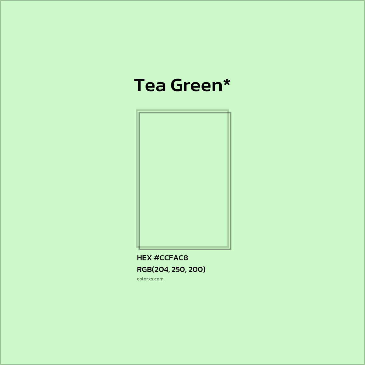 #CCFAC8 hex color. RGB, RYB, CMYK, HSL, HSV codes and color conversions. Matching color names, palettes, paints.