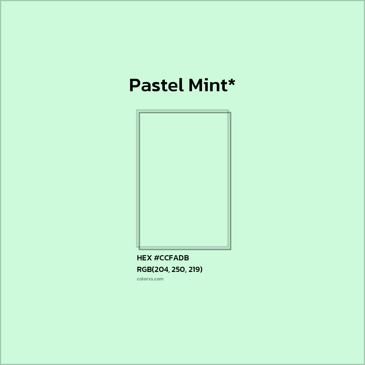#CCFADB hex color. RGB, RYB, CMYK, HSL, HSV codes and color conversions. Matching color names, palettes, paints.