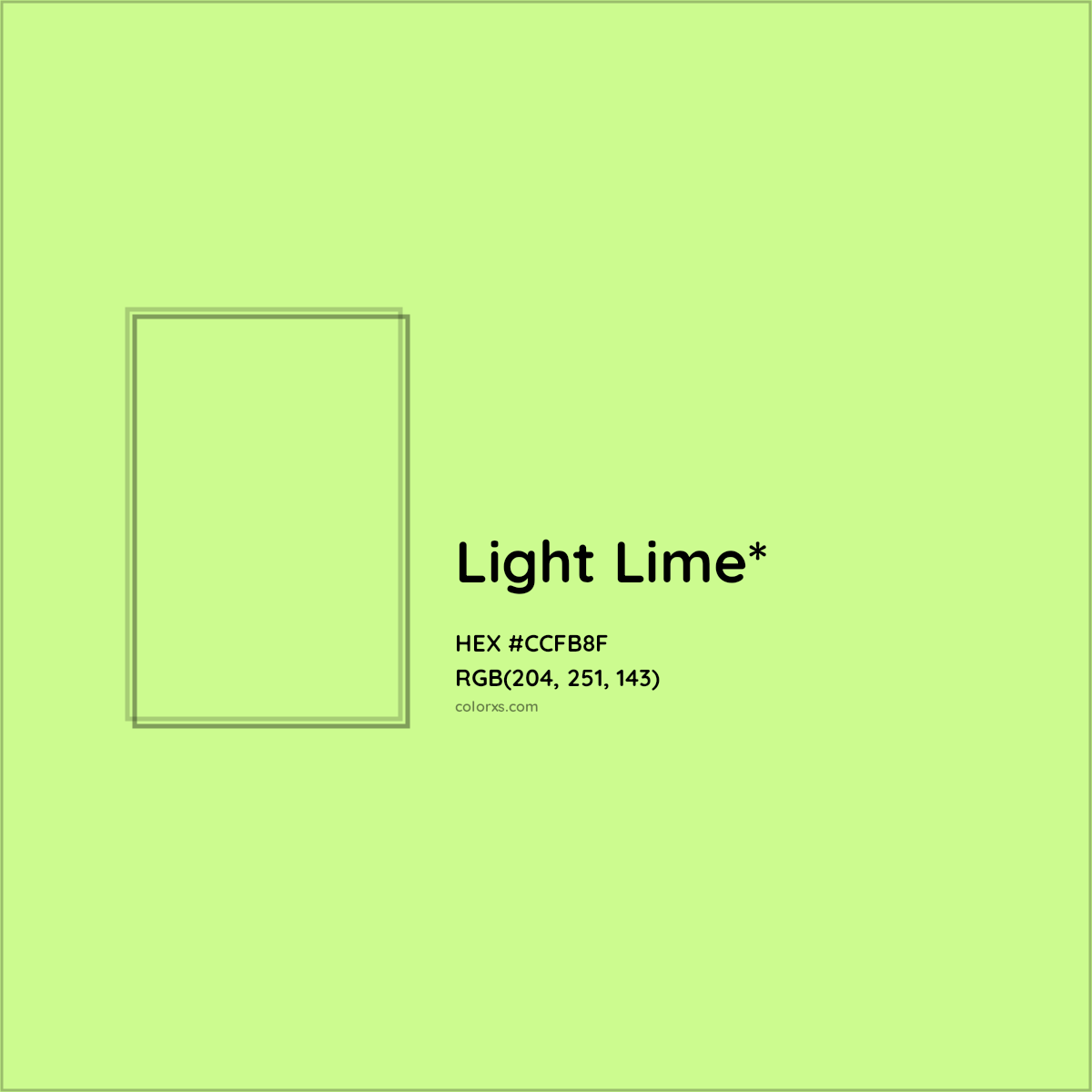 #CCFB8F hex color. RGB, RYB, CMYK, HSL, HSV codes and color conversions. Matching color names, palettes, paints.