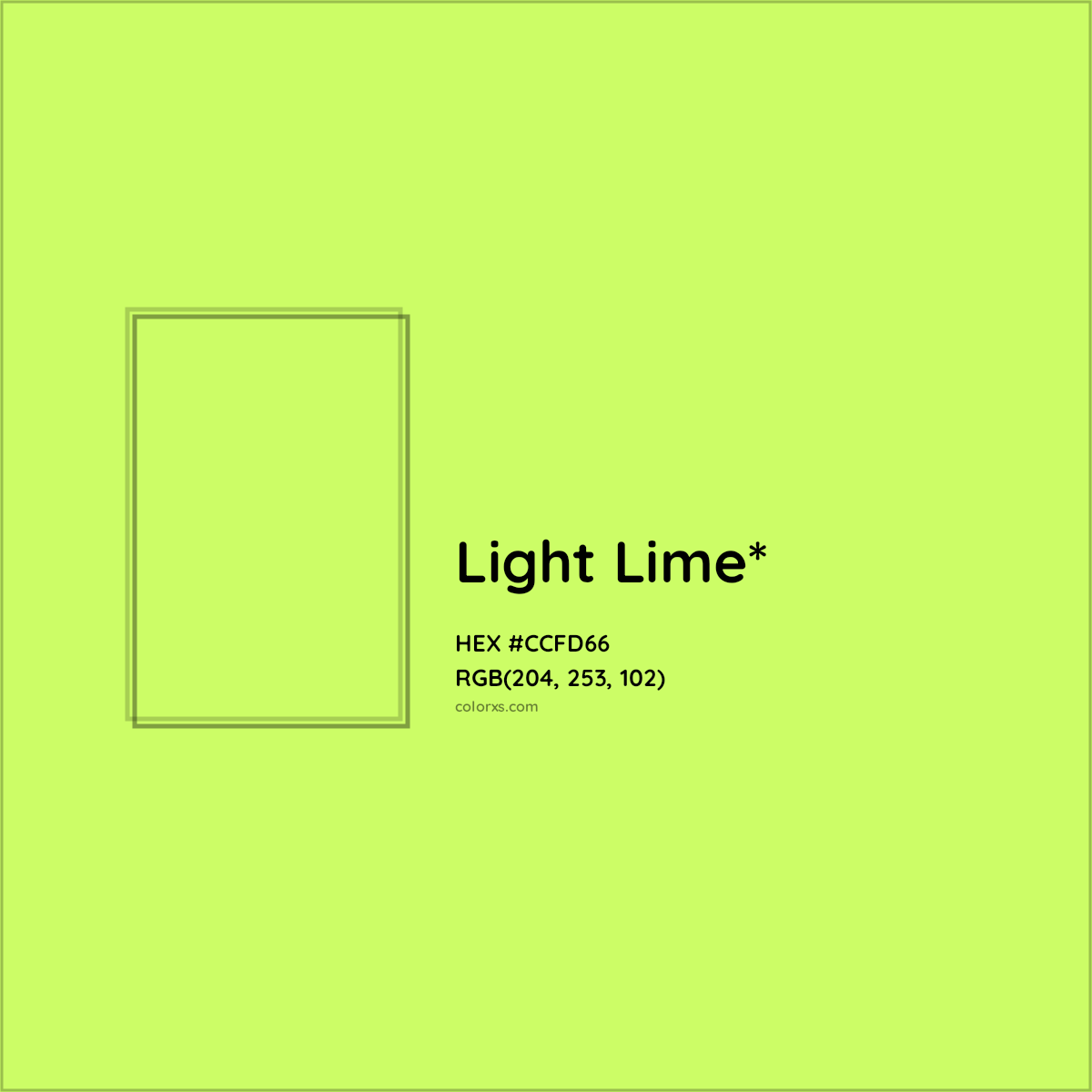 #CCFD66 hex color. RGB, RYB, CMYK, HSL, HSV codes and color conversions. Matching color names, palettes, paints.