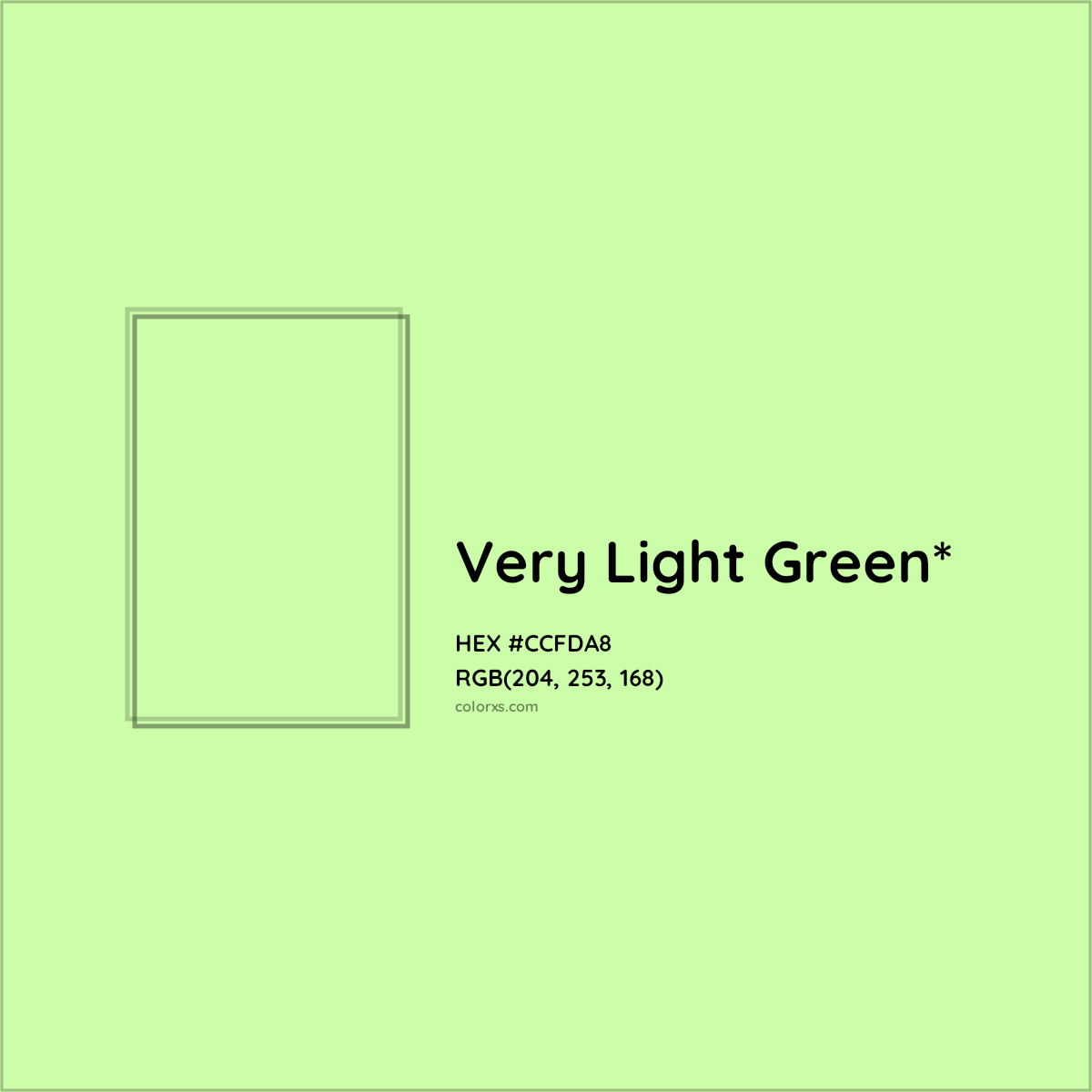 #CCFDA8 hex color. RGB, RYB, CMYK, HSL, HSV codes and color conversions. Matching color names, palettes, paints.