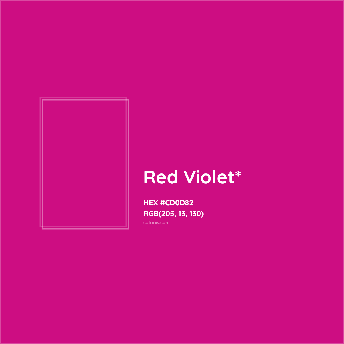 #CD0D82 hex color. RGB, RYB, CMYK, HSL, HSV codes and color conversions. Matching color names, palettes, paints.