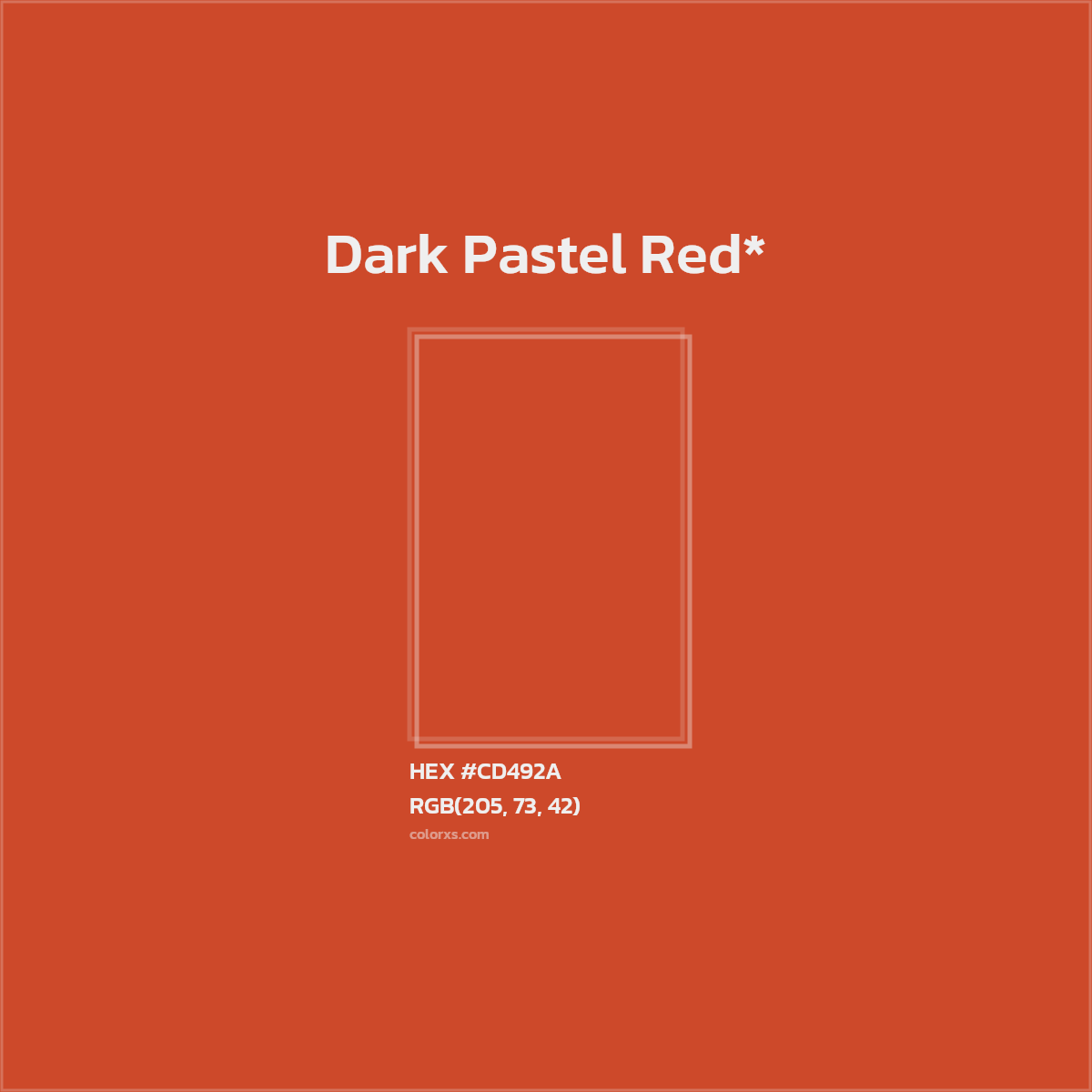 #CD492A hex color. RGB, RYB, CMYK, HSL, HSV codes and color conversions. Matching color names, palettes, paints.