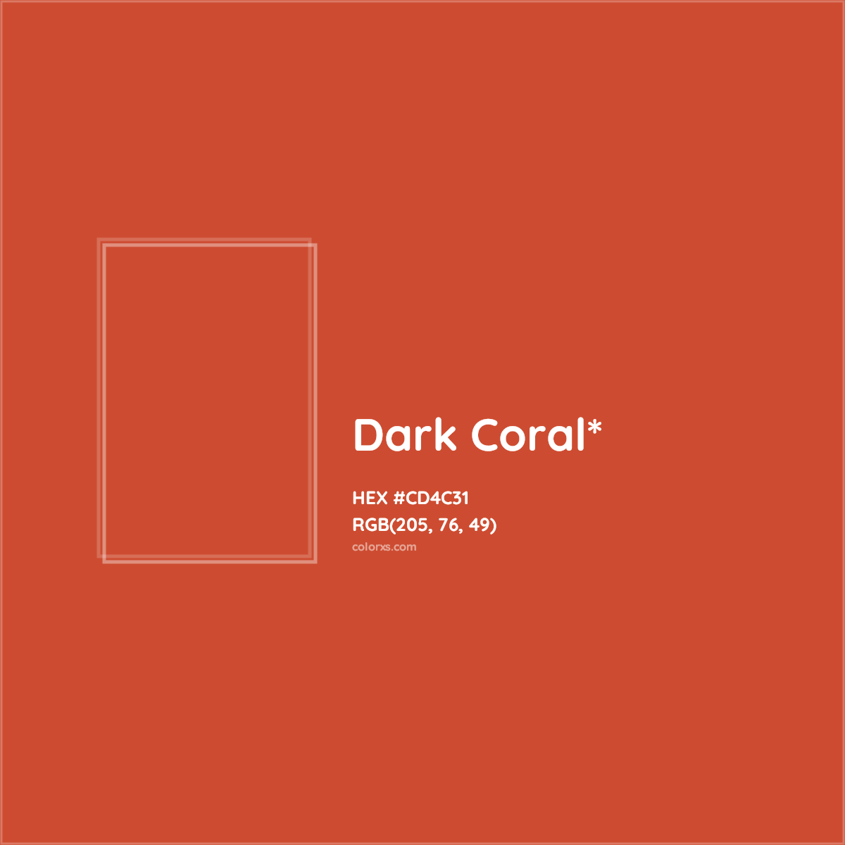 #CD4C31 hex color. RGB, RYB, CMYK, HSL, HSV codes and color conversions. Matching color names, palettes, paints.