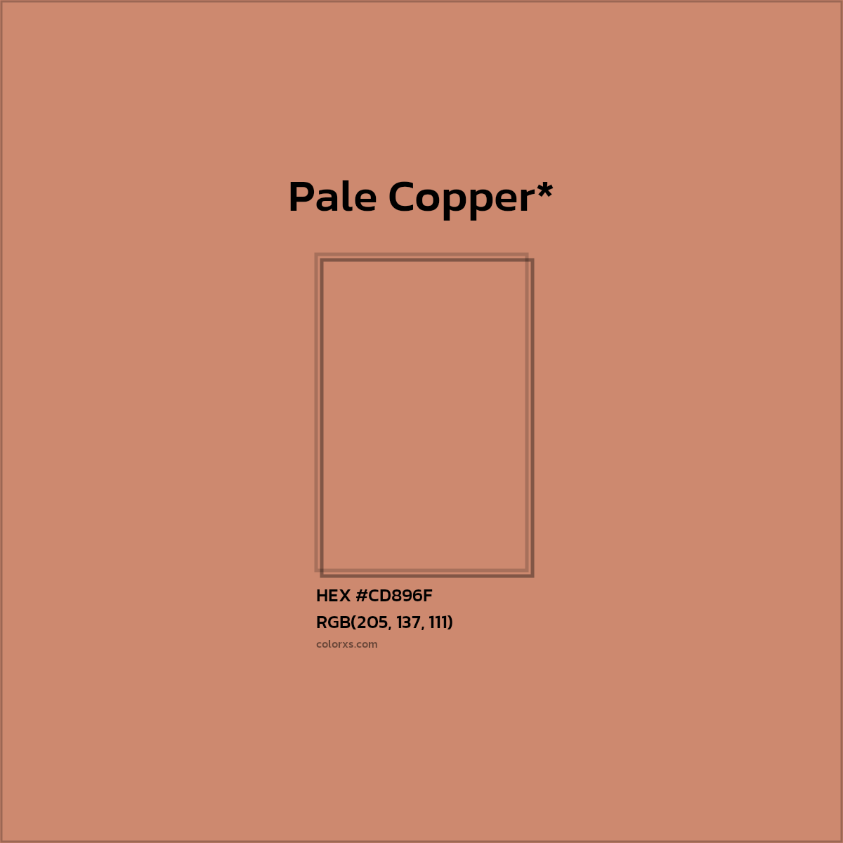 #CD896F hex color. RGB, RYB, CMYK, HSL, HSV codes and color conversions. Matching color names, palettes, paints.