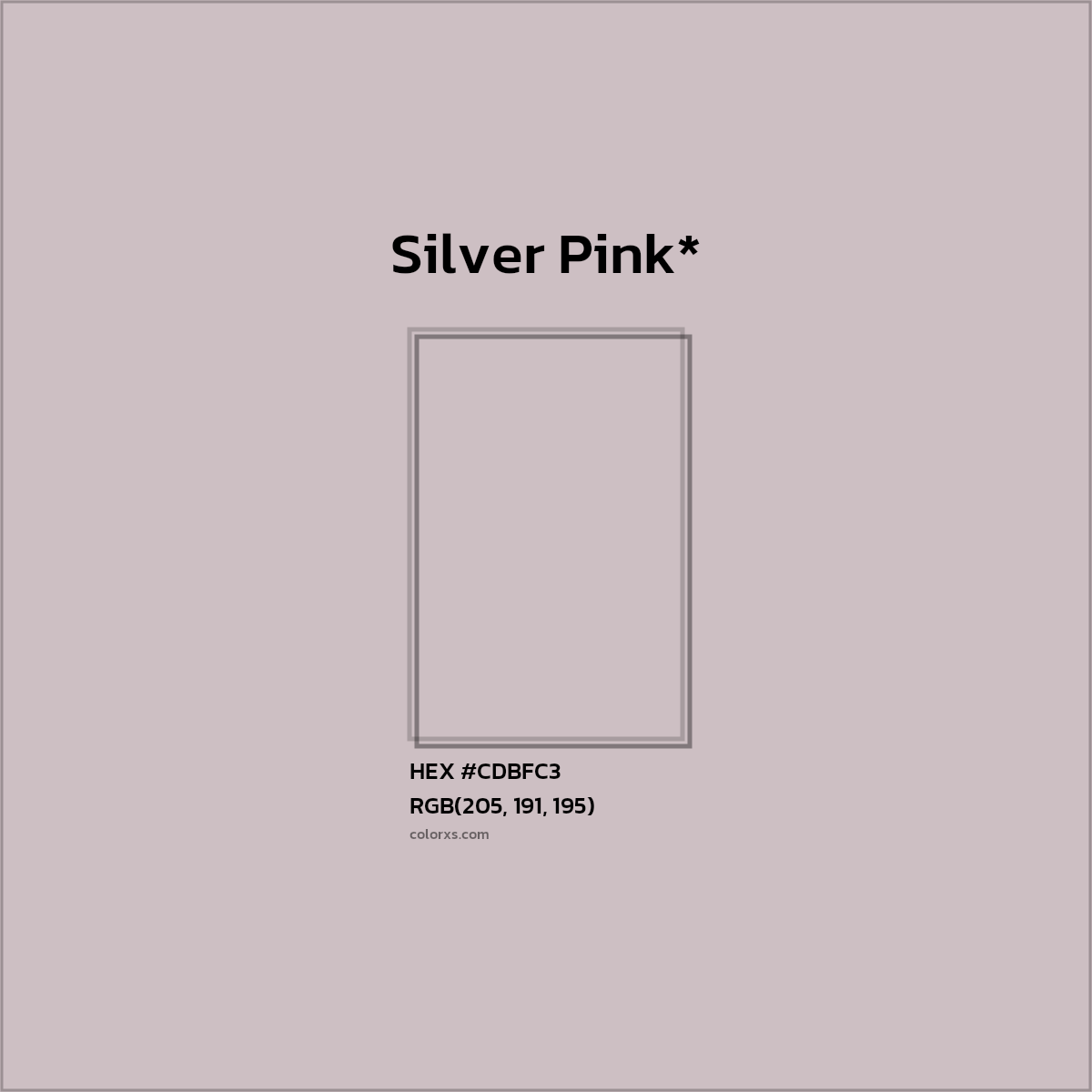 #CDBFC3 hex color. RGB, RYB, CMYK, HSL, HSV codes and color conversions. Matching color names, palettes, paints.