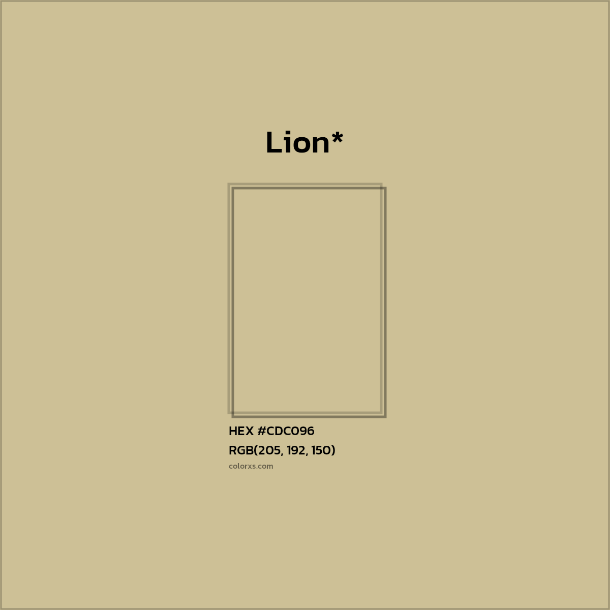 #CDC096 hex color. RGB, RYB, CMYK, HSL, HSV codes and color conversions. Matching color names, palettes, paints.
