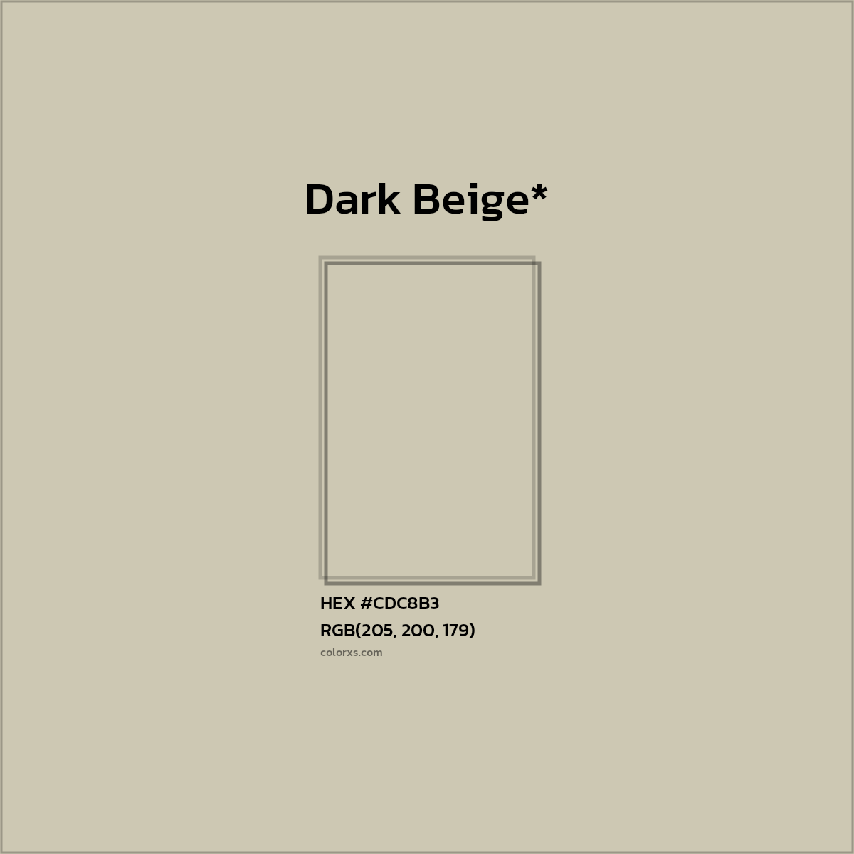 #CDC8B3 hex color. RGB, RYB, CMYK, HSL, HSV codes and color conversions. Matching color names, palettes, paints.
