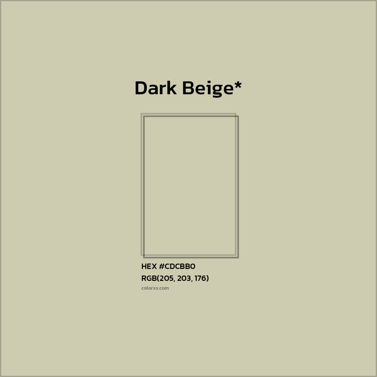 #CDCBB0 hex color. RGB, RYB, CMYK, HSL, HSV codes and color conversions. Matching color names, palettes, paints.