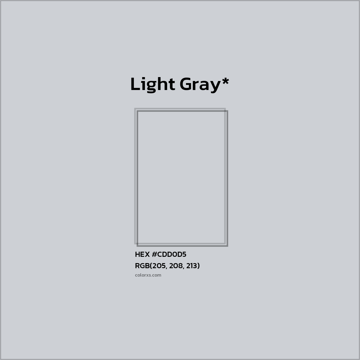 #CDD0D5 hex color. RGB, RYB, CMYK, HSL, HSV codes and color conversions. Matching color names, palettes, paints.