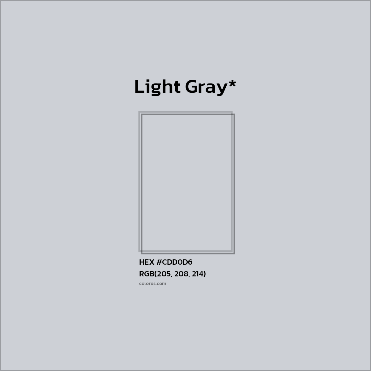 #CDD0D6 hex color. RGB, RYB, CMYK, HSL, HSV codes and color conversions. Matching color names, palettes, paints.