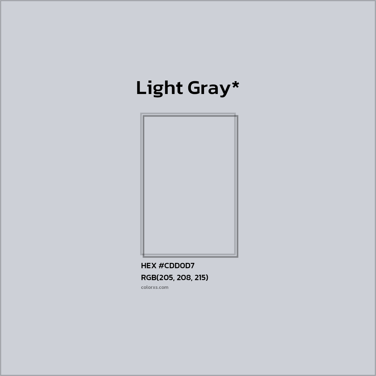 #CDD0D7 hex color. RGB, RYB, CMYK, HSL, HSV codes and color conversions. Matching color names, palettes, paints.