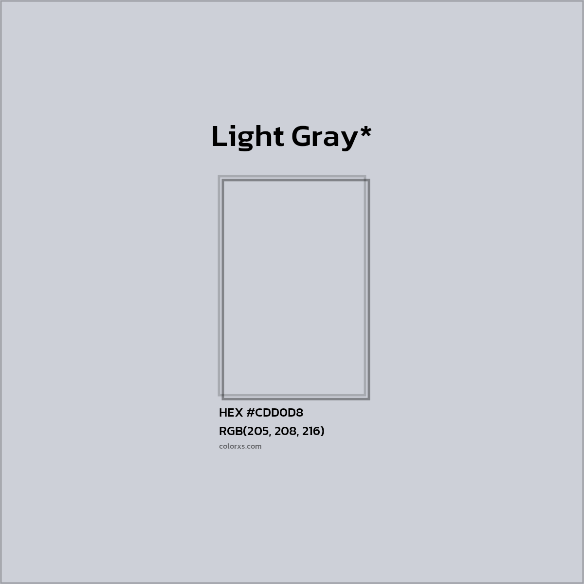 #CDD0D8 hex color. RGB, RYB, CMYK, HSL, HSV codes and color conversions. Matching color names, palettes, paints.