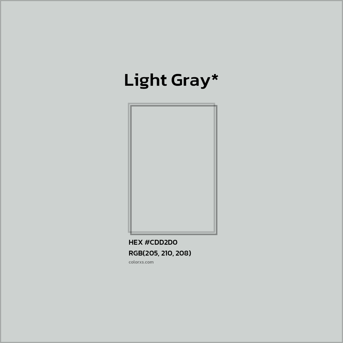 #CDD2D0 hex color. RGB, RYB, CMYK, HSL, HSV codes and color conversions. Matching color names, palettes, paints.