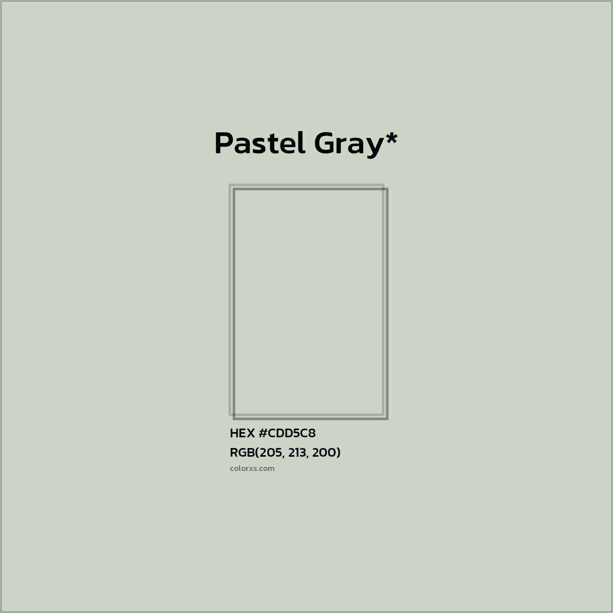 #CDD5C8 hex color. RGB, RYB, CMYK, HSL, HSV codes and color conversions. Matching color names, palettes, paints.