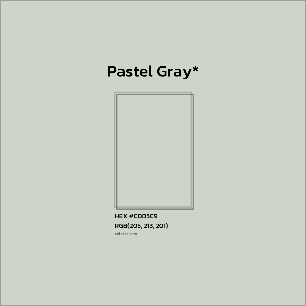 #CDD5C9 hex color. RGB, RYB, CMYK, HSL, HSV codes and color conversions. Matching color names, palettes, paints.