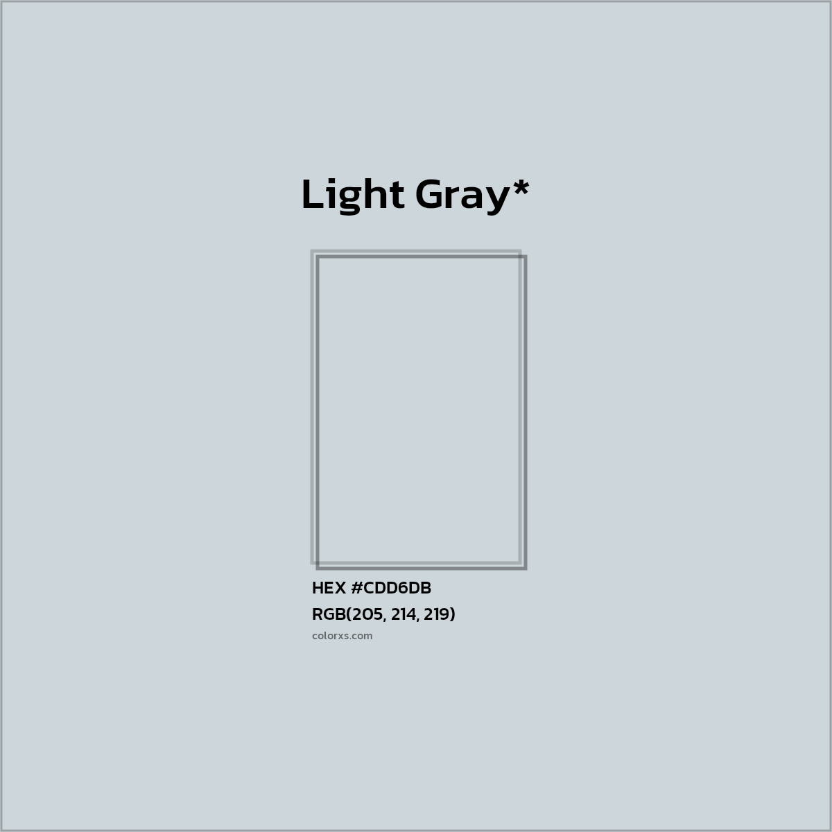 #CDD6DB hex color. RGB, RYB, CMYK, HSL, HSV codes and color conversions. Matching color names, palettes, paints.
