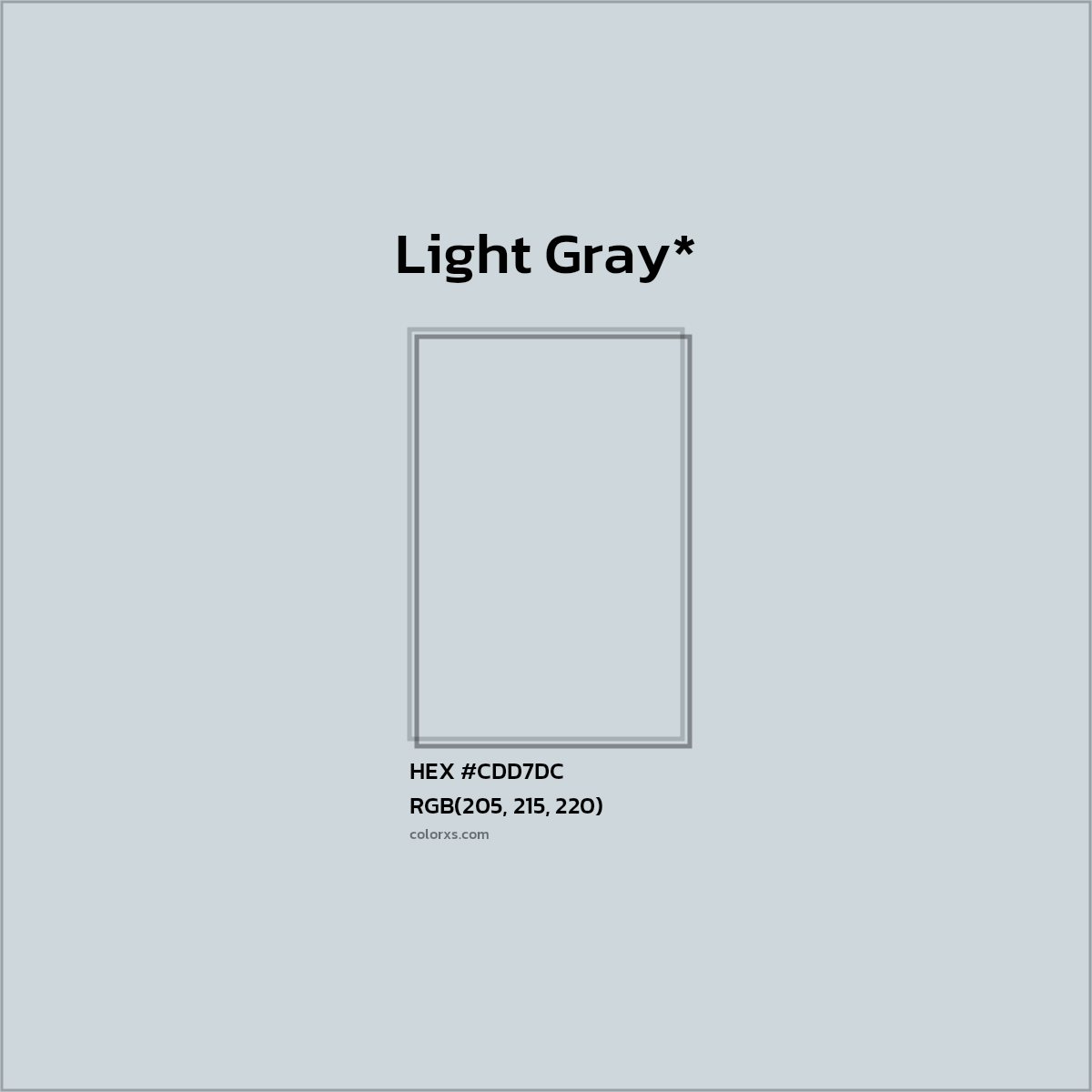 #CDD7DC hex color. RGB, RYB, CMYK, HSL, HSV codes and color conversions. Matching color names, palettes, paints.