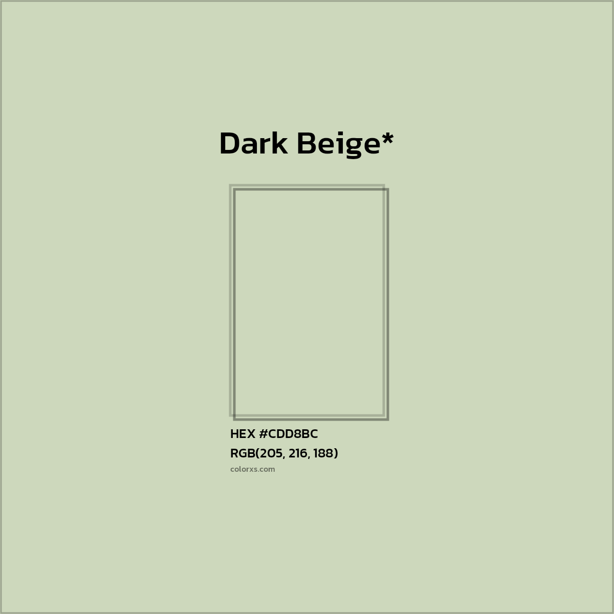 #CDD8BC hex color. RGB, RYB, CMYK, HSL, HSV codes and color conversions. Matching color names, palettes, paints.