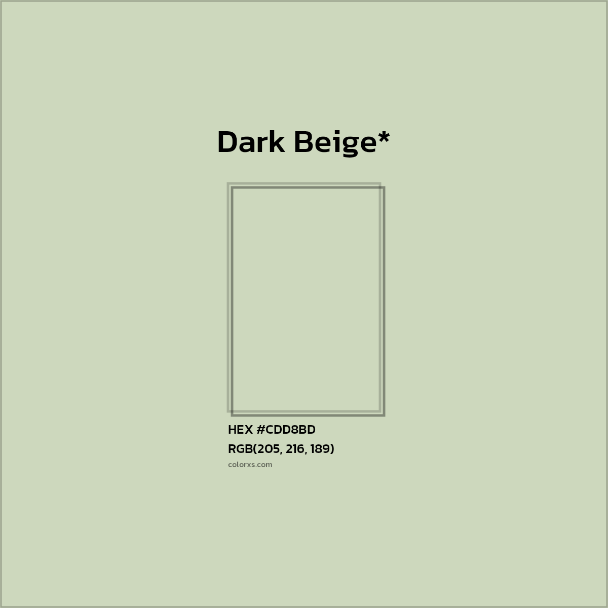 #CDD8BD hex color. RGB, RYB, CMYK, HSL, HSV codes and color conversions. Matching color names, palettes, paints.