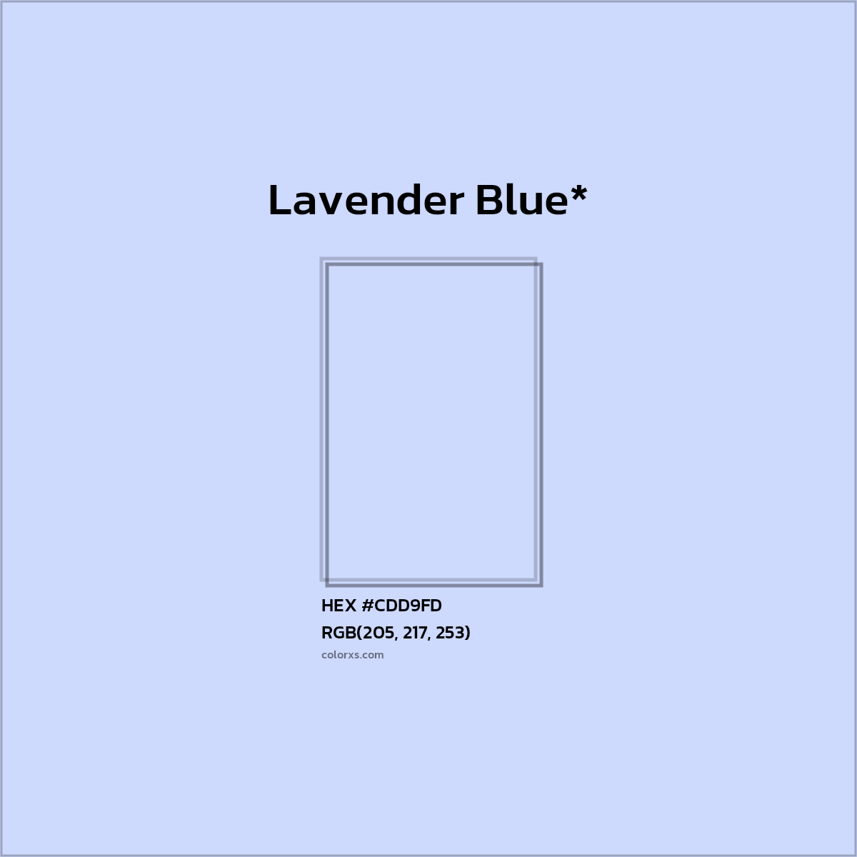#CDD9FD hex color. RGB, RYB, CMYK, HSL, HSV codes and color conversions. Matching color names, palettes, paints.